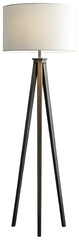 Sleek, modern tripod floor lamp with a cylindrical off-white fabric lampshade and dark brown wooden legs, standing upright , softly illuminated to highlight its, isolated on transparent background.