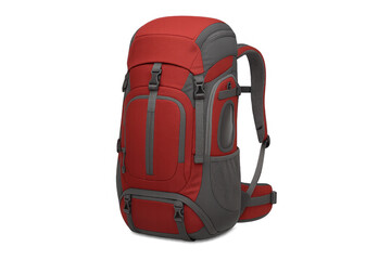 Red and gray hiking backpack for outdoor adventures, travel and camping, featuring multiple pockets and adjustable straps. Transparent background