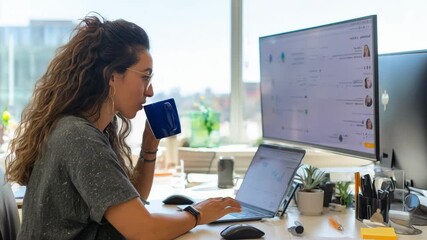 Digital marketer reviewing influencer content engagement metrics in a bright office focusing on audience sentiment and reach. - Powered by Adobe