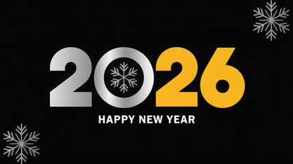Elegant 2026 Happy New Year illustration with metallic text and frosty