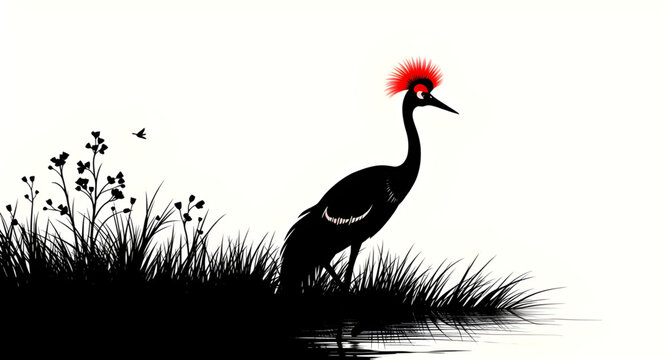 silhouette of a grey crowned crane, grey crowned crane silhouette, crowned crane bird silhouette, african crane silhouette, crane bird silhouette illustration, grey crowned crane outline, standing cra