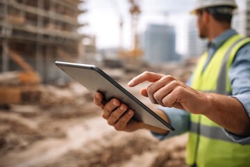 A professional engineer utilizes a digital tablet for site management and planning at a construction area