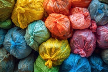 Obraz premium Colorful plastic bags stacked high at a recycling center showcasing the importance of waste management and environmental awareness