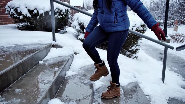 Woman carefully walking up slippery icy stairs in winter. Holding a handrail for safety to prevent a slip and fall accident. Winter hazard and personal injury risk concept