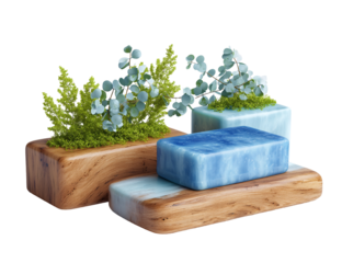 A contemporary composition showcasing vibrant green foliage and a translucent blue stone block on a minimalist wooden display stand isolated on transparent background