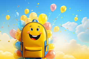 cartoon backpack with balloons on sky background