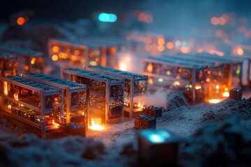 Obraz premium Realistic mining farm scene with illuminated containers showcasing advanced technology and intricate design during a nighttime setting
