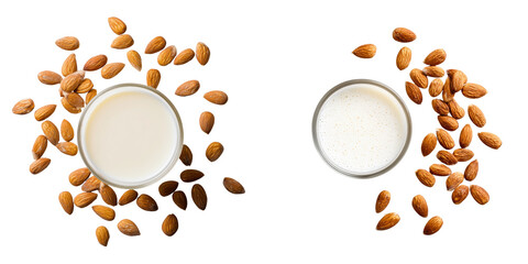 Top View of Almond Milk and Nuts Isolated on Transparent Background with Natural Lighting