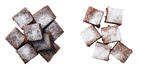 Top View of Delicious Chocolate Brownies with Powdered Sugar Isolated on Transparent Background