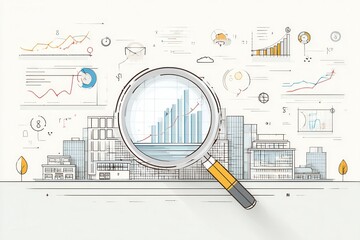 Financial analysis and strategy planning with flat design graphics showcasing data trends, numbers, and charts in a corporate setting