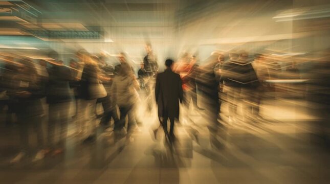 Abstract subway scene with a person walking through a station captured using slow shutter speed, creating chaotic motion blur that conveys urban energy, movement and crowd anonymity.
