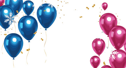 Festive vector illustration featuring glossy blue and pink balloons with floating gold confetti and silver snowflakes for birthday and winter holiday party backgrounds. © MstBobita