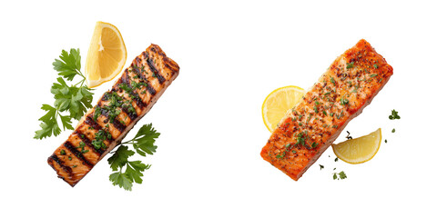 Top View of Grilled Salmon Fillet with Lemon and Fresh Herbs Isolated on Transparent Background