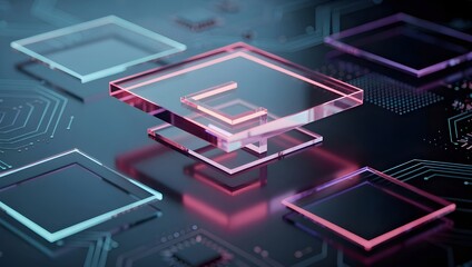 Futuristic digital processor architecture with layered glowing microchips and advanced circuit board design representing modern computing innovation technology