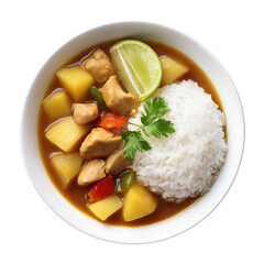 Top view of delicious bowl of chicken stew with rice and lime and herbs isolated on transparent background  