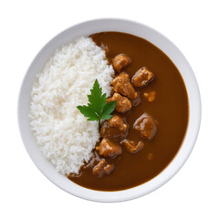 Top view of delicious chicken curry served with fluffy white rice on a plate isolated on transparent background  
