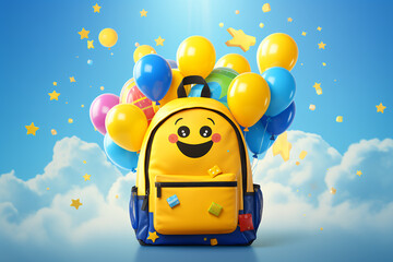 cartoon backpack with balloons on sky background