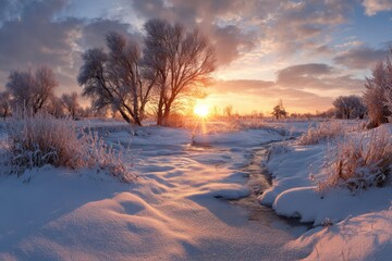 Sunrise over a snowy landscape with a gentle stream and frosted trees creating a tranquil winter panorama