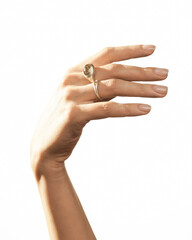 Elegant Female Hand with Nude Manicure and Rings on White Background