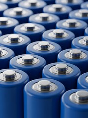 Obraz premium Close-up of Blue Rechargeable Batteries in Grid, Energy Storage Technology and Power Supply Concept