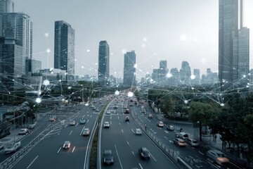 Innovative abstract design showcasing AI technology and connectivity in a futuristic smart city environment