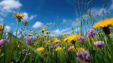Vibrant meadow of dandelions and clover under a brilliant blue sky on a sunny day