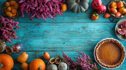 Autumn harvest feast: a vibrant display of fruits, flowers, and a delicious pumpkin pie on a rustic blue table