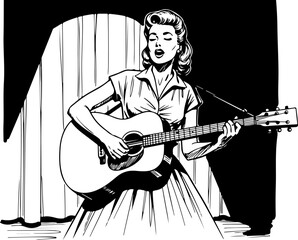 Female Singer Playing Guitar with Microphone Silhouette Vector Art