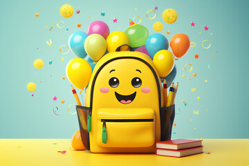 cartoon yellow backpack with balloons 3d rendering element