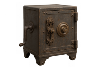 Vintage industrial safe box showing secure lock mechanism, antique steel metal design, protection, savings, and security concept with transparent background