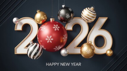 Happy New Year 2026 celebration with festive ornaments and elegant des