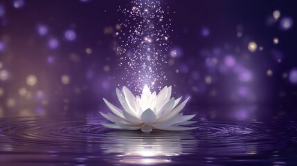 White lotus flower with glowing particles falling into serene purple water