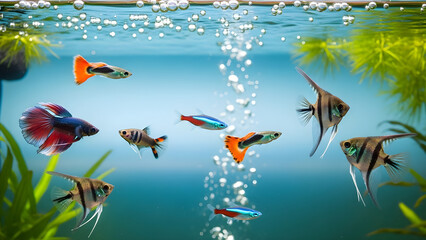 Obraz premium Vibrant freshwater aquarium teeming with diverse species of small, colorful fish swimming amongst lush green aquatic plants and bubbling water, creating a serene underwater scene