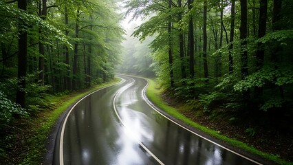 Fototapeta premium A winding road through a lush, green forest after rain, with reflections on the wet asphalt and trees lining the path