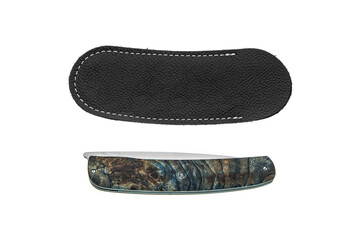 Folding knife with stabilized burl wood handle and leather pouch on white back