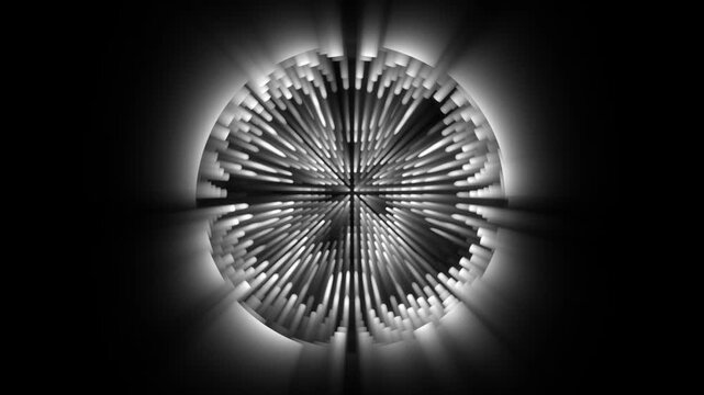Abstract white neon glowing radial beams forming a circular animation on black background