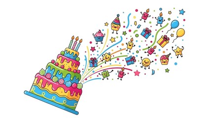 Tiered cake bursting with party decorations  presents, balloons. Suitable for celebrations, birthdays, promotions, congratulatory events, festive occasions.