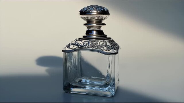 Glass bottle with a silver cap placed on a flat surface in bright light during the day