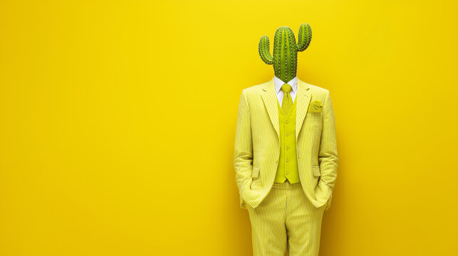 Faceless businessman with cactus head in yellow striped suit on yellow background with copy space