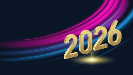 Golden 3D 2026 text with futuristic pink and blue light trails on a da