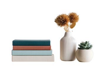 Chic home office or living room decor with a stack of contemporary books, a vase of dried botanical elements, and a potted plant. isolated on transparent background