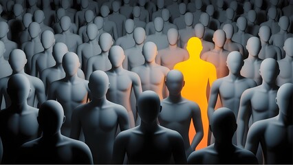 A unique red 3d individual businessman stands out from the crowd as a leadership symbol for success and teamwork among a group of people in this abstract business concept illustration