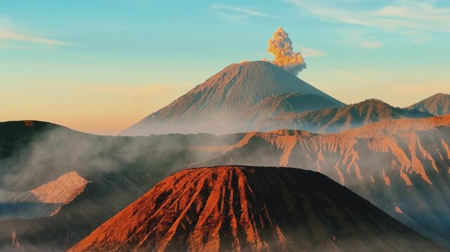 Eruption of the Bromo volcano during sunrise in the Bromo-Tengger-Semeru National Park, East Java, Indonesia. The Tengger volcanic caldera is in cloud and fog. Dawn. 4К