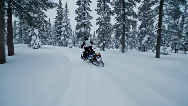 A person rides a snowmobile on a snowy trail through a winter forest. Dynamic action shot of a driver speeding through a snow-covered landscape. Extreme winter sport and adventure concept