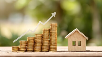 Real estate investment growth and financial prosperity illustrated with coins and a house model