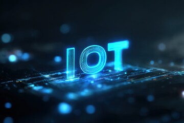 Blue digital logo representing IOT technology with a modern head up display on a dark background showcasing data connectivity and futuristic design elements