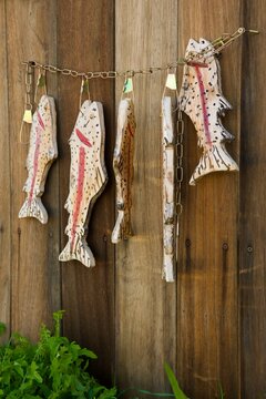 fish shapes hanging from a fishing stringer