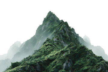 Lush green misty mountain peaks, rugged rock formations, and dense foliage isolated on transparent background