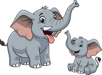 Cartoon elephants family, adult and baby, cheerful pose, raised trunks, pink ears, kids theme, animal love, flat vector illustration © MdAzmol