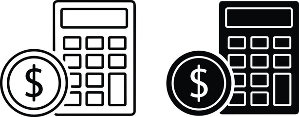 Financial calculator with dollar coin icon set in outline and glyph style, cad drawing flat vector illustration for accounting, banking and math budget